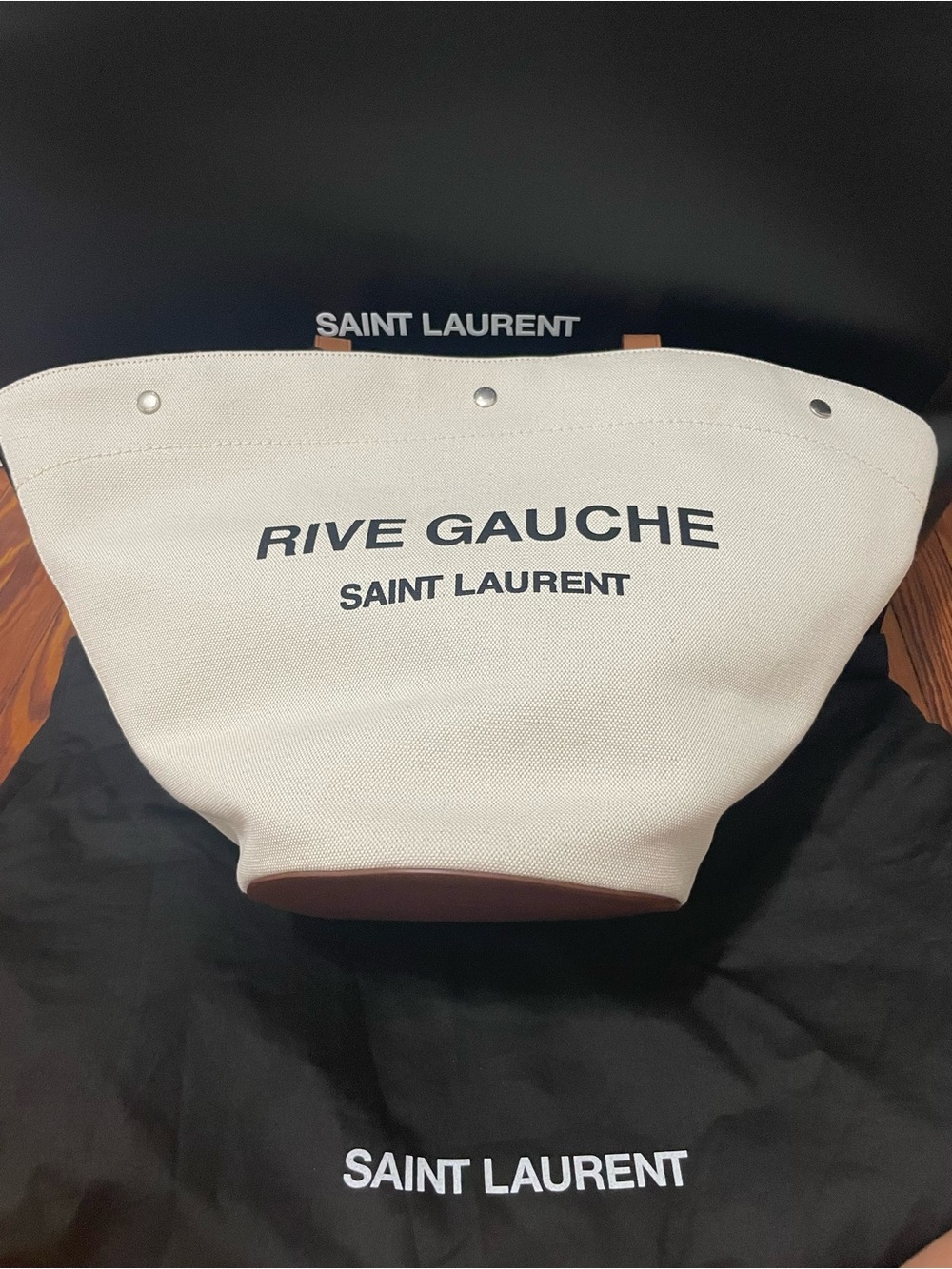 Saint Laurent Rive Gauche Canvas Tote - Cream with Black Logo